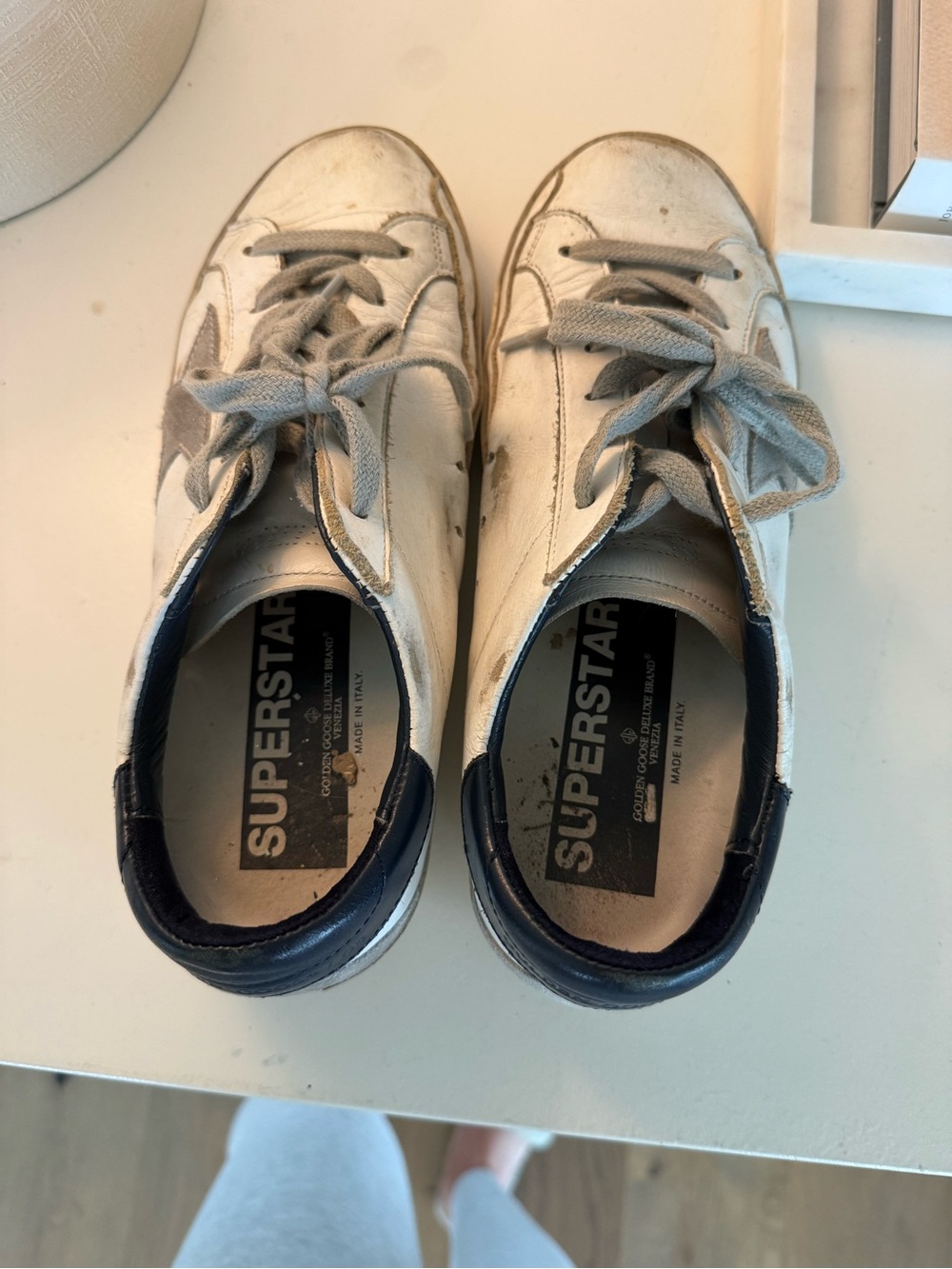Golden Goose White Leather Sneakers with Gray Star and Navy Heel - Picture 4 of 6